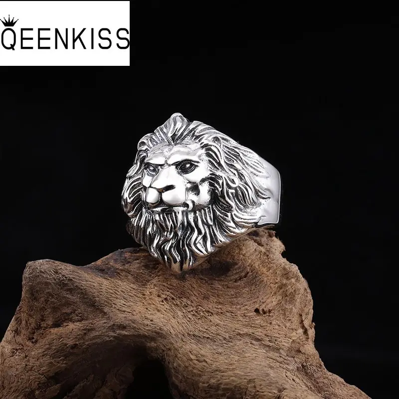 QEENKISS 925 Sterling Silver Ring for Men Father Vintage Adjustable Lion King Ring Fine Jewelries Wholesale Party Gift RG6721