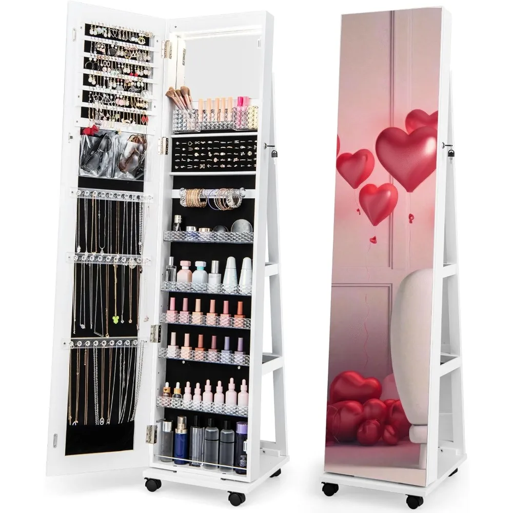 

Jewelry Cabinet Armoire with Wheels, 64 H Full Length Mirror, 3-Color LED Lights, Height Adjustable Shelves