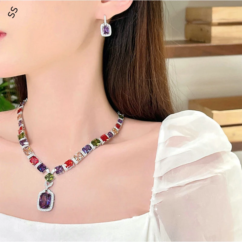 Leichte Luxus Mode unregelmäßige Zirkon Choker Brosche edlen Schmuck 2 Stück Sets Halskette Ohrring Zubehör Edelsteine eingelegtes Kupfer