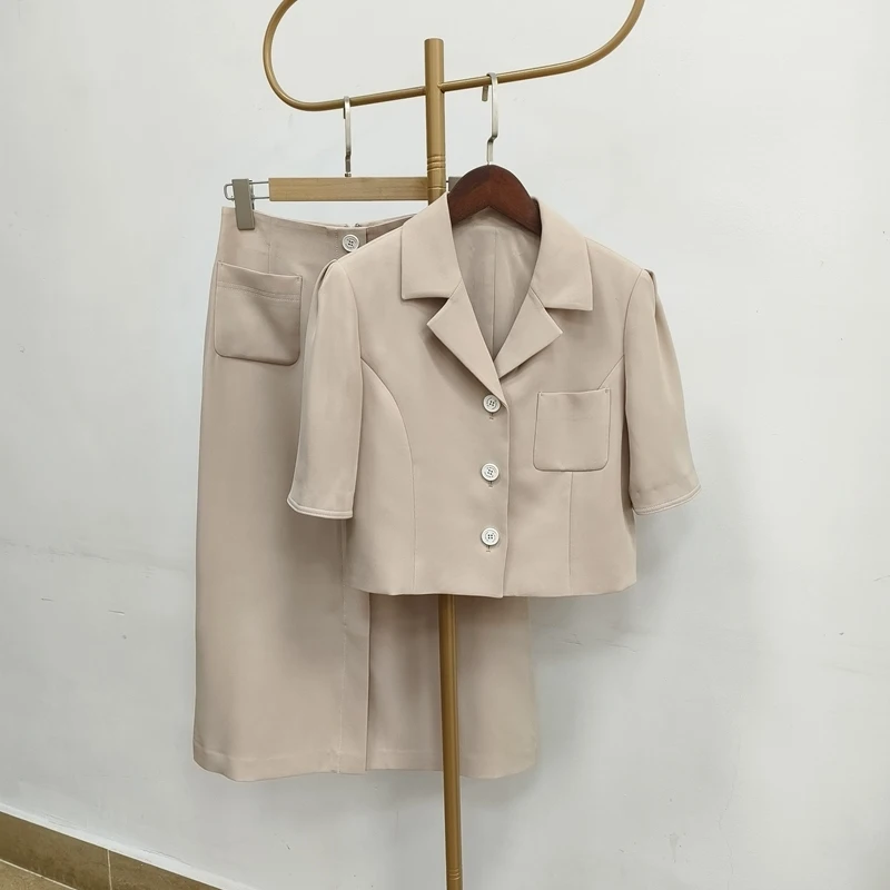 

Faionable Commute Sle ort Suit Coat + Mid-Length f Body Skirt Set Womens Anti-Wrinkle Button Closure Summer Outfit