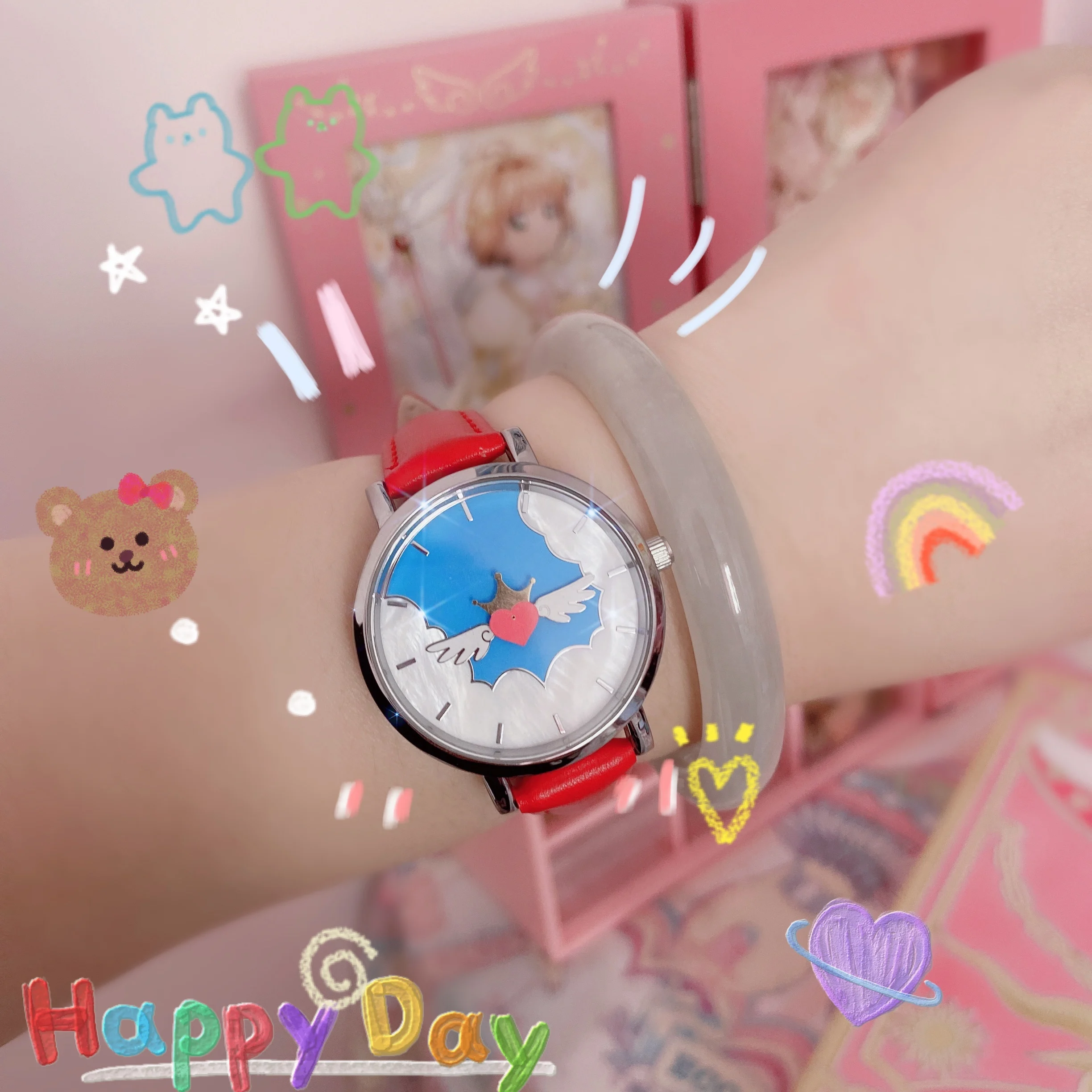 

Cardcaptor Sakura Animation Snow Rabbit Red Love Wings Leather Watch for Men and Women Fan Gifts