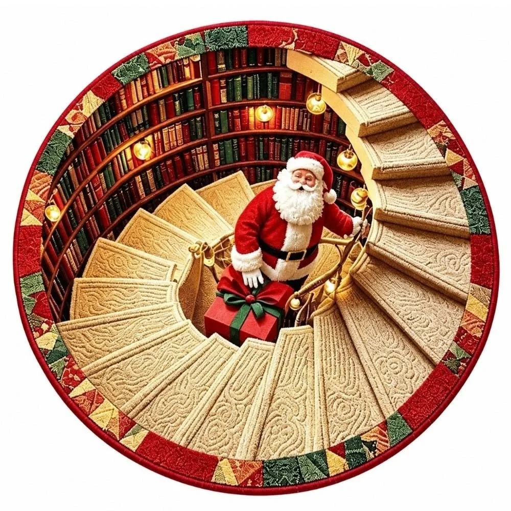 2D Flat Christmas Round Rug Polyester Bottomless Pit 3D Illusion Carpet Santa Pattern Vivid Printing Optical Delusion Doormat