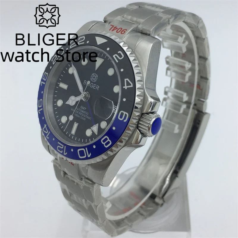 BLIGER-Black Dial relógio esportivo automático para homens, relógio de mergulho de natação, pulseira de aço escovado, data lupa, 40mm, NH34A, NH34, GMT