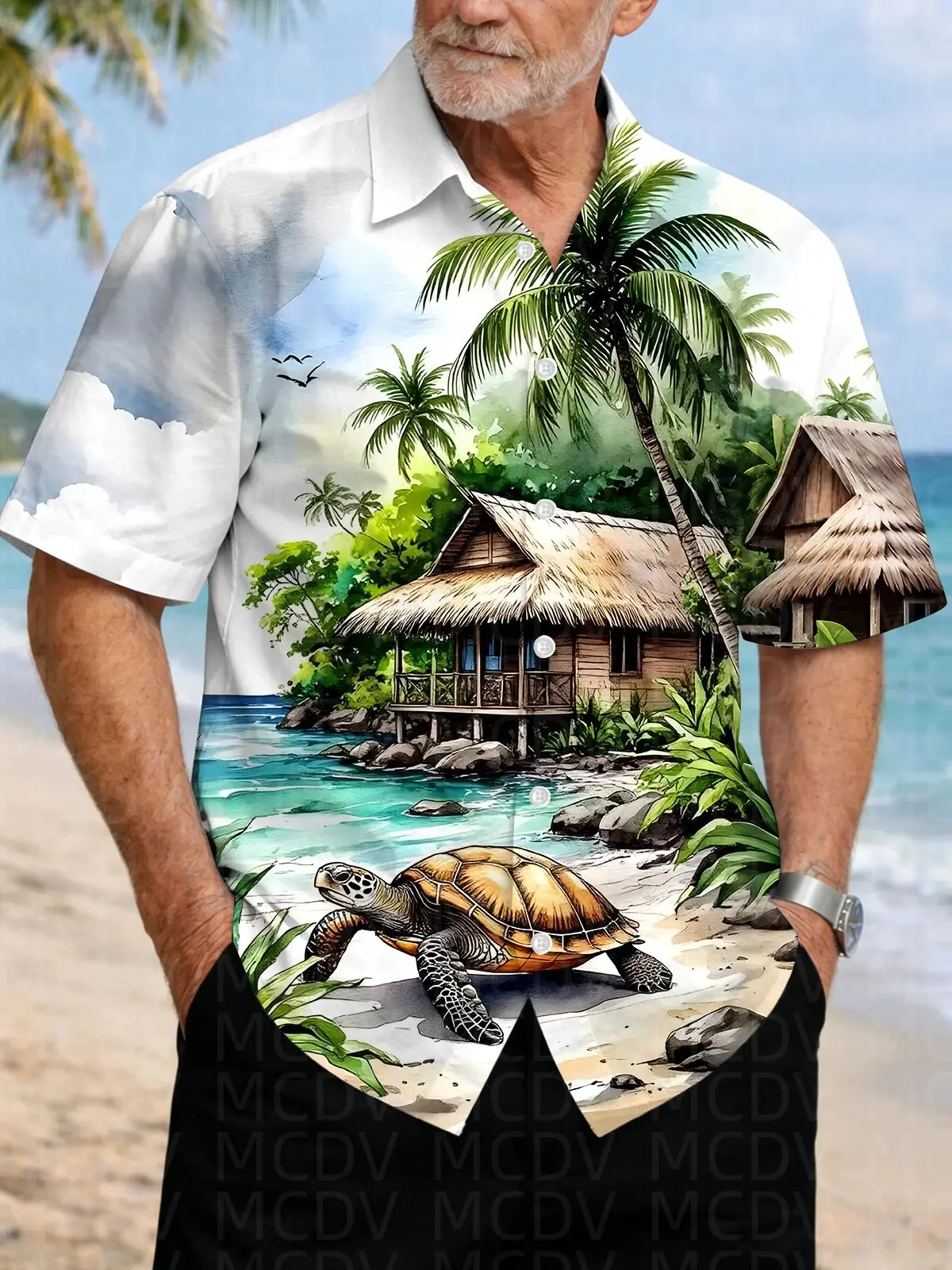 Tropical Scenery Pattern Men's Hawaiian Shirt Stretch Easy Care Camp Shirt Big Tall