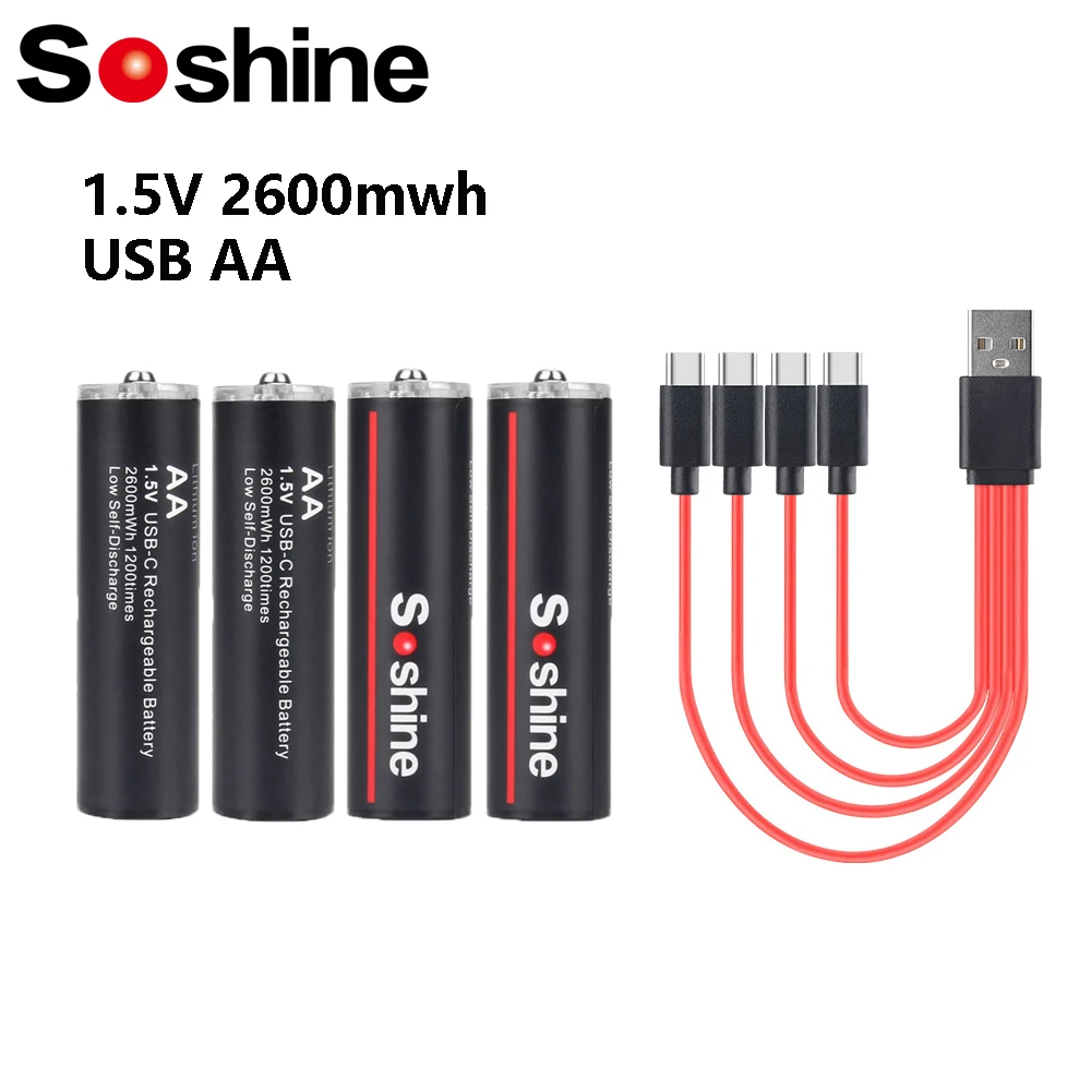 Soshine 1.5v AA Rechargeable Battery USB Li-ion 2600mWh 2A Batteries 1.5 Volt Lithium Battery with 4-in-1 USB Cable Dropshipper