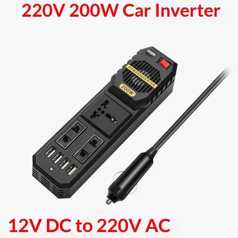 1Pcs 200W Car Inverter DC 12V To AC 220V 4 USB Fast Charging Socket Power Adapter Power Supply