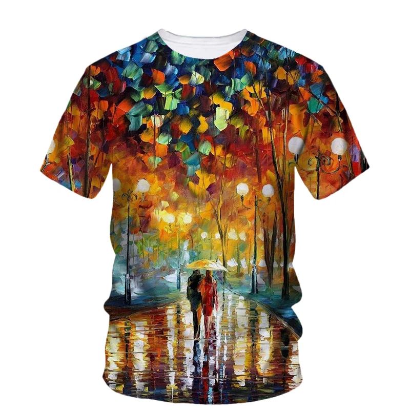 Summer New Landscape Oil Painting Art graphic t shirts Fashion Literary Youth Casual Tees Personality Men Printed O-neck Tops