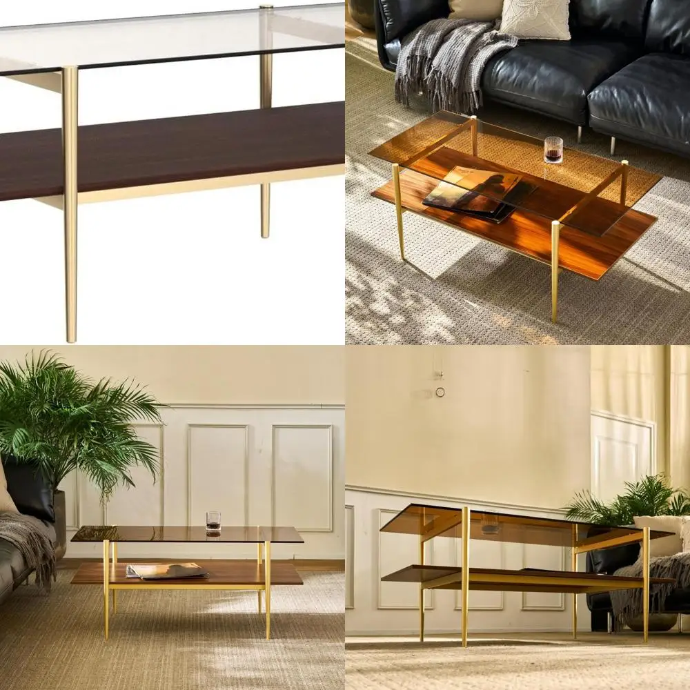 

Double Layer Glass Coffee Table - Brown & Coffee Brown MDF Shelf for Living Room