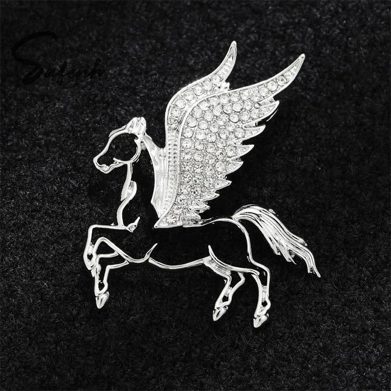 Stylish Winged Horse Brooch Rhinestone Zodiac Animal Pin; Elegant Men Women Clothing Addition Lapel Badge New Year Present