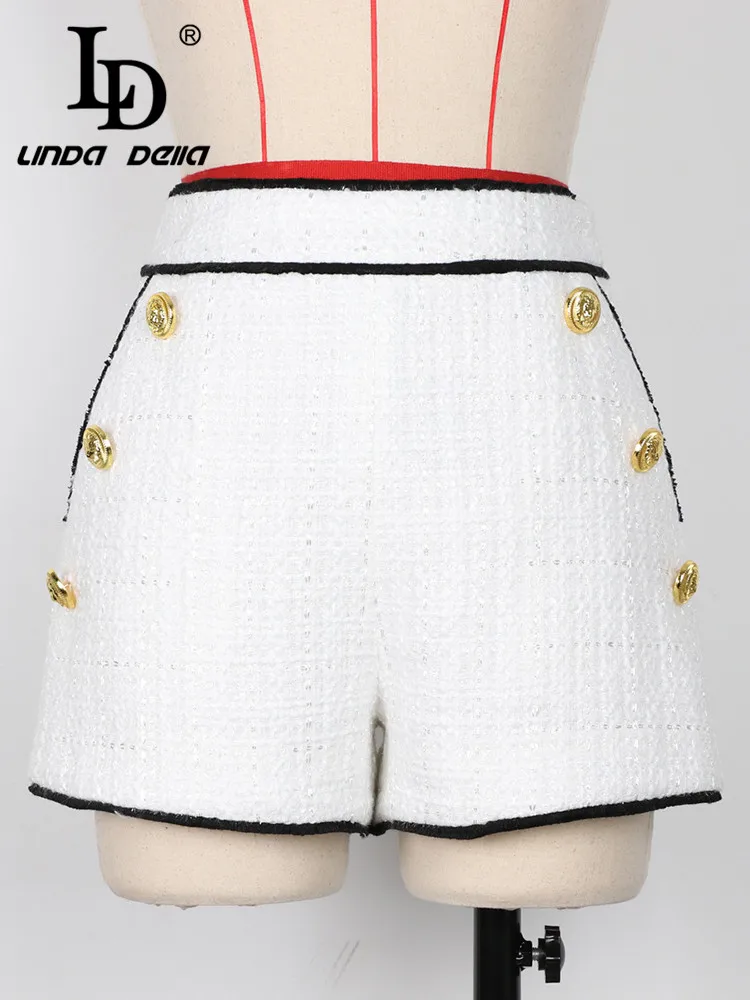 LD LINDA DELLA 2024 Autumn Vintage Runway Shorts Women's Black Double-breasted Splice Polyester High waist Beach Shorts