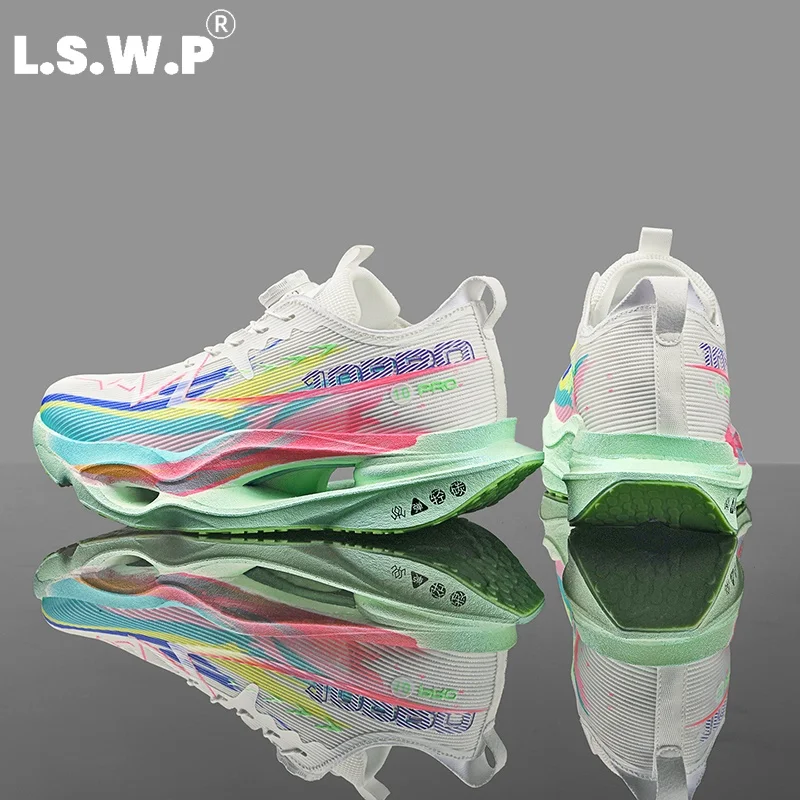 Men's Running Shoes, Tennis Shoes, Trendy Colorful Printed Racing Carbon Plate Running Shoes, Knob Buckle No-Tie Shoelaces, Unisex Sports Shoes, Lightweight Mesh Breathable Shoes, Hollow-Out Thick-Soled High-Elastic Shock-Absorbing Professional Running Training Outdoor Jogging Casual Shoes