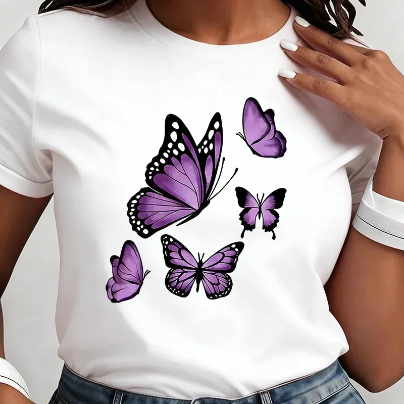 90s Casual Summer Crew Short Sleeve Tshirt Women's T Shirt with Featuring Butterfly Designs Print Graphic Y2k Tees Tops Clothes