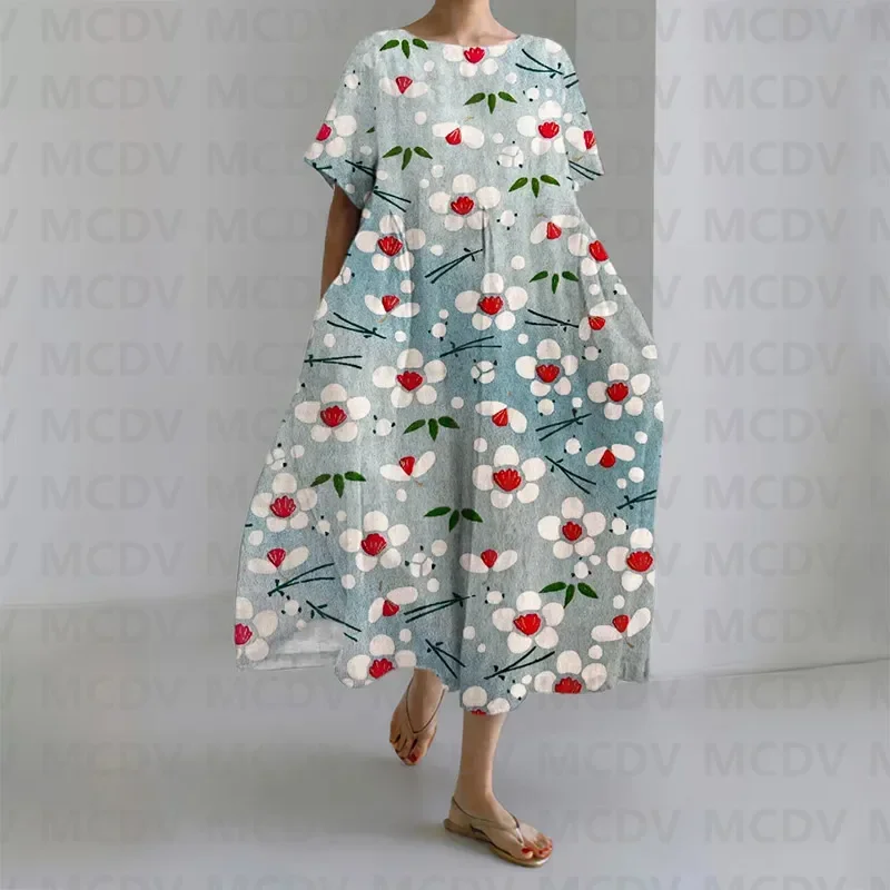 Japanese Ombre Floral Print Women's Casual Midi Dress