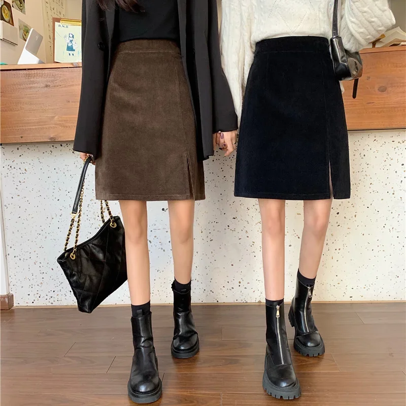 

New Fashion Women Autumn Winter Corduroy High Waist Slit A- Line Mid-Length Skirts Women Plump Girls Black Sheath One-Step Skir