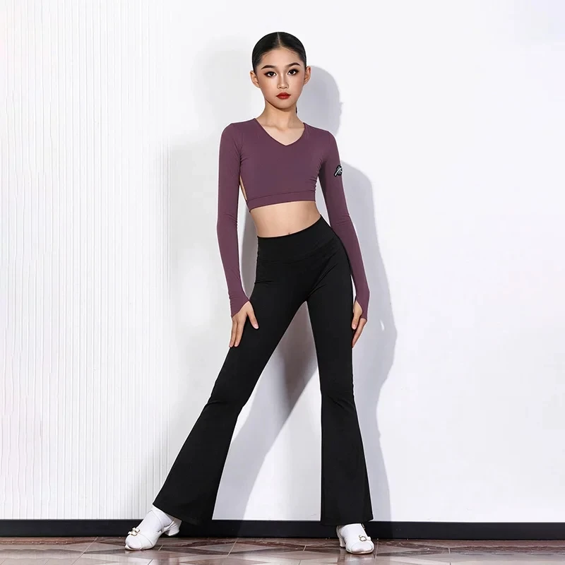 HC Latin Dance Practice Clothes For Girls Long Sleeved Flared Pants Training Suit Rumba Chacha Modern Latin Dance Wear DQS24703