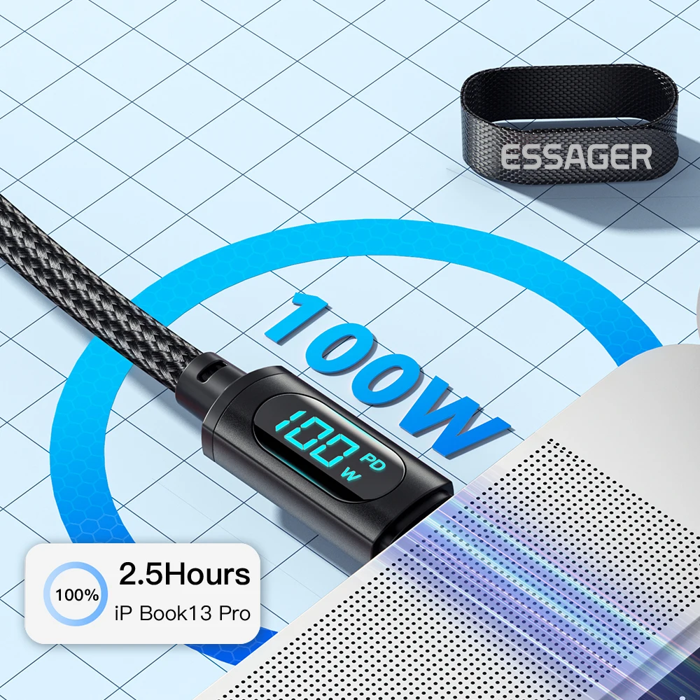 Essager PD 100W USB Tipo C Cabo para USB C 7A Carregador de Carregamento Rápido Fio Cabo Para OPPO Realme Huawei Poco Samsung Cabo de Exibição