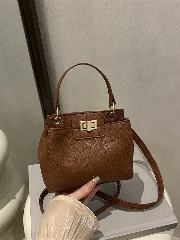 Fashionable Pure Color Handbag Simple Elegant Shoulder Bag Retro Women's Bag Quality Texture Commuter Style Lock Buckle Closure