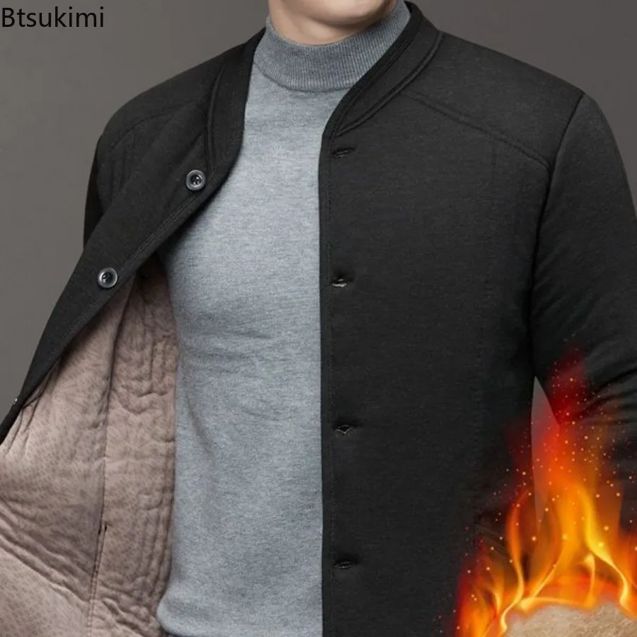 Autumn Winter Stand Collar Parka Jacket Men\'s Quilted Cotton Padded Lamb Fleece Coats Button Cardigan Thicken Warm Casual Jacket