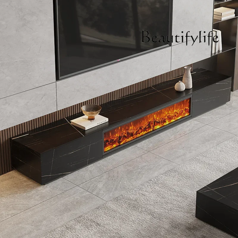 Italian Minimalist Simulation Flame TV Cabinet Electronic Fireplace Full Rock Board Solid Wood TV Cabinet