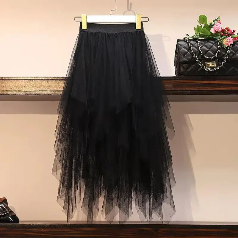 Fashion Summer Tutu Women Skirt Harajuku Tulle Bottom Faldas Casual High Waist Midi Mesh Skirts Woman Clothes Saia Jupe Femme