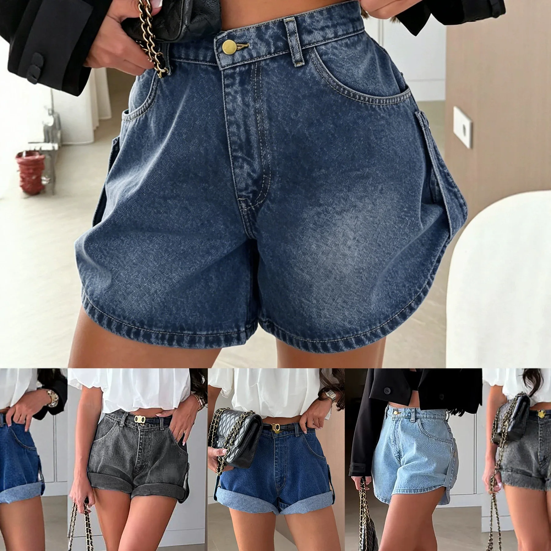 2026 Autumn New Women Side Straps Curled High Waist Denim Multi-color Shorts
