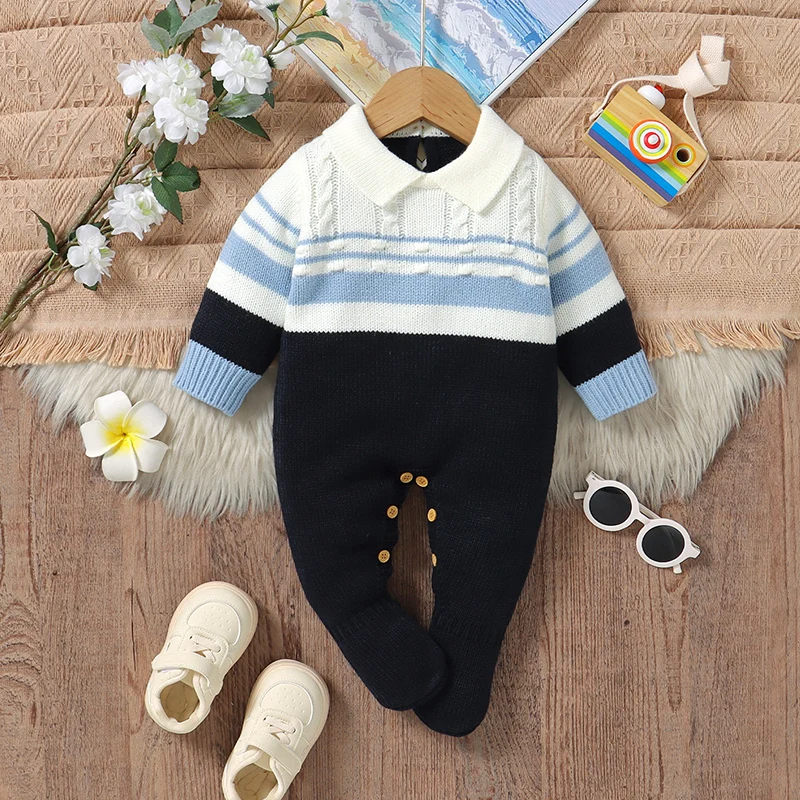 

Осенний детский комбинезон, вязаный комбинезон для новорожденных, модный отложной полосатый комбинезон для ног, теплая детская одежда для мальчиков, комбинезоны с длинными рукавами для детей 0–9 месяцев