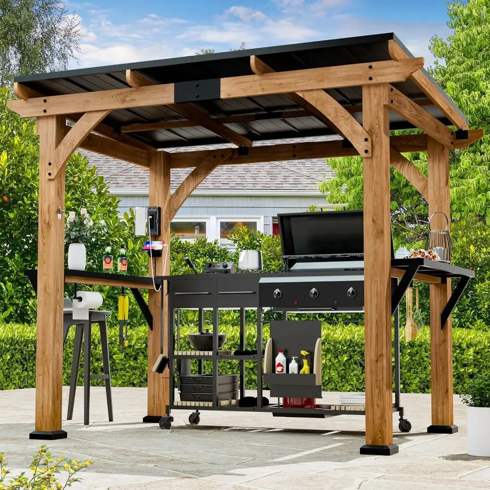 

6' x 8' Wooden Shaded Grill Gazebo with Storage Shelves and Paper Towel Holder, Outdoor Bar Area with Galvanized Steel Roof