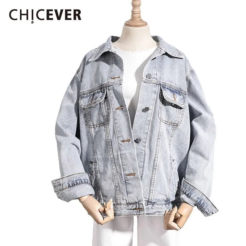 

CHICEVER Casual Oversize Denim Coats Lapel Long Sleeve Single Breasted Solid Folds Patchwork Pockets Spring Coat Female 2024 New