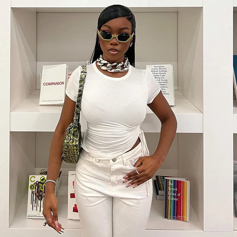 

Women's Clothing Summer New Solid Color Casual Round Neck Short Sleeve Unilateral Drawstring Basic T-shirt Top