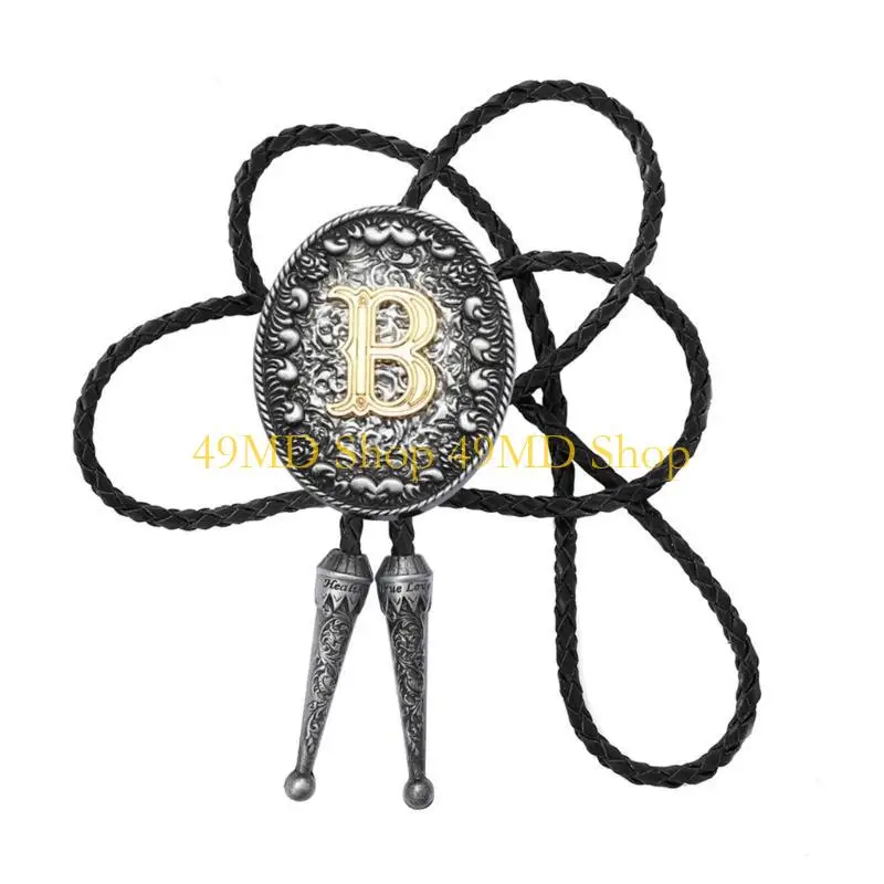 49MD Men's Fashion Leather Bolo Tie with Metal Initial Letter Pendant Western Necktie