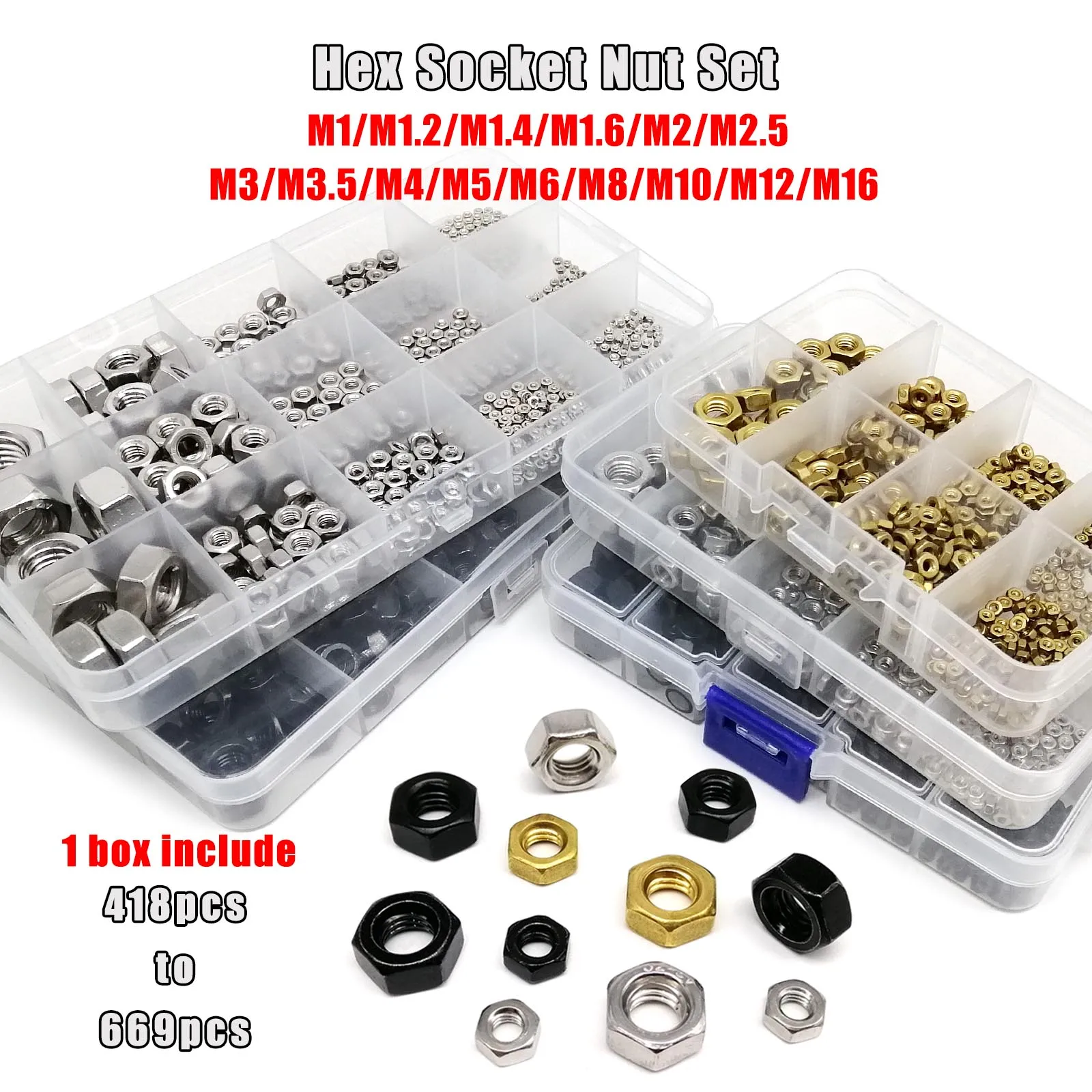 1 Box Mix M1 M1.2 M1.4 M1.6 M2 M2.5 M3 M4 M5 M6 M8 to M16 DIN934 Hex Hexagon Nut Kit Set 304 Stainless Steel Brass Carbon Steel