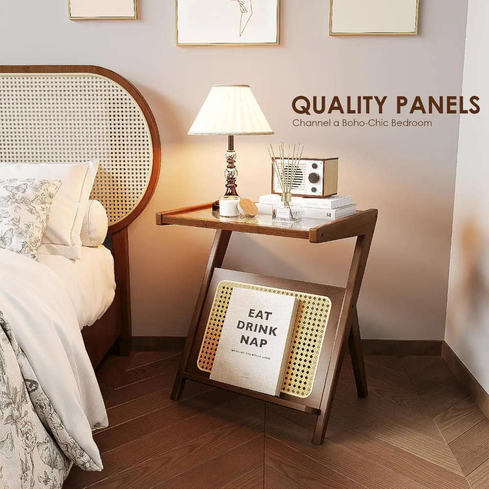 XMSJ 2Pcs Rattan Side Table Sets Boho NightStand Mid Century Modern End Table Glass Bedside table Small End Tables