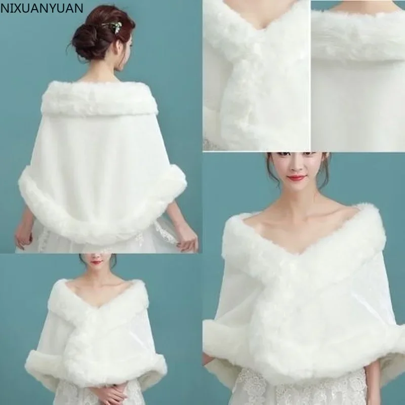女性のための暖かいボレロの結婚式のショールフェイクファーのケープラップコートアイボリーまたは赤パーティー卸売冬