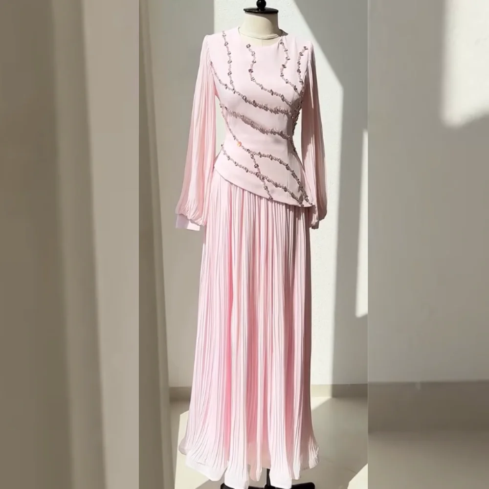 

Customized Formal Matching Chiffon Sequined Pleat A-line Scoop Neck Long Dresses Bespoke Occasion Retro