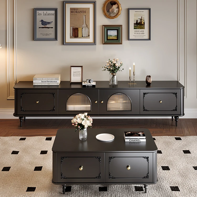 

/Black Carved Midcentury Modern Extendable Eco-Friendly Solid Wood TV Cabinet for Living Room