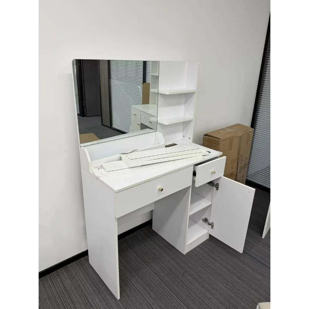 طاولة تزيين مع مرآة وإضاءة، لمبات LED قابلة للتعتيم، درجين، خزائن جانبية، 3 أرفف تخزين