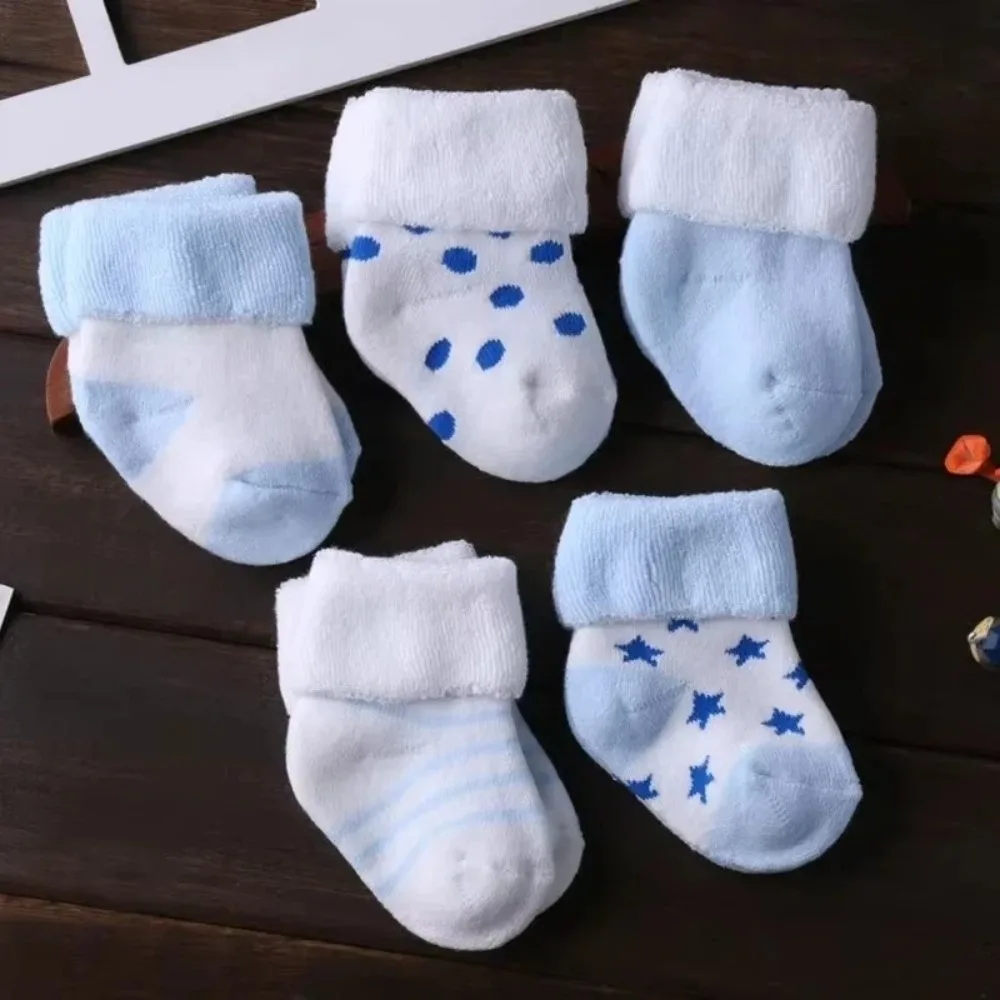5 Pairs Cotton Short Socks Non-Skid Design Pink Blue Floor Stocking Polka Dot Stars Breathable Winter Socks for 0-3 Years Old
