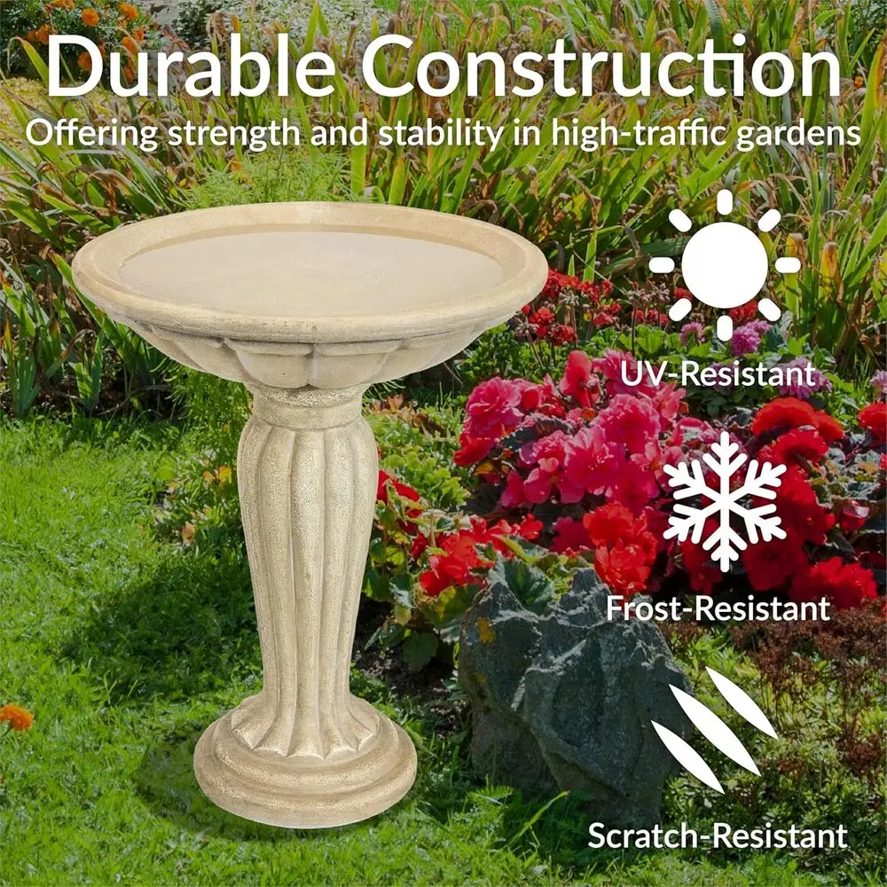 20.25” H Concrete Bird Bath or Outdo- Grecian Column Pedestal Bird Bath with Glass iber Reinorced Concrete truction – Antique Wh