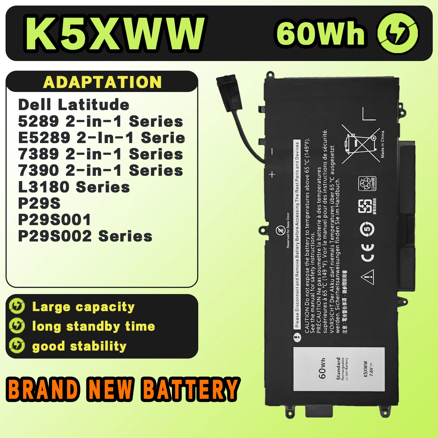 SAT K5XWW New Laptop Batteries Replacement For DELL Latitude 7390 7389 5289 2in1 7.6V-60Wh-7894mAh