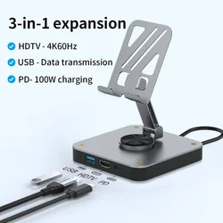 USB C HUB 3 in 1 Type C 2.0 to HDMI 4K60Hz Docking Station USB C Hub with Rotatable Cellphone Stand for Switch, Phone, Laptop