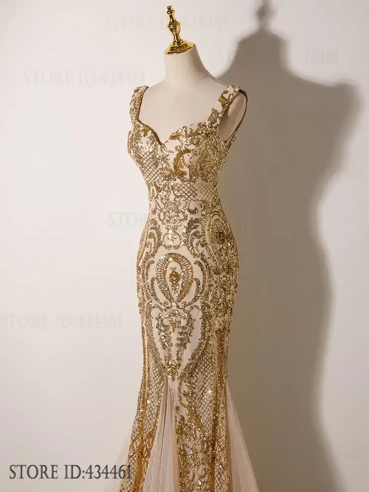 Sexy Bretels Zeemeermin Maxi Jurk Banket Prom Jurk Gouden Lovertjes vrouwen Avondfeest Jurk Patchwork Mesh Slanke Vestidos