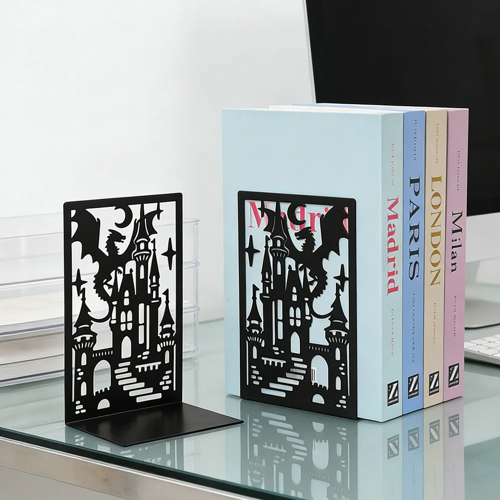 1 Pair of Creative Black Metal Book Stand Set - Castle and Dragon silhouette design, providing sturdy anti slip book support,
