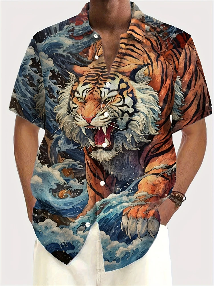 

Men's Retro Ukiyo-e Tiger Print Short-sleeved Button Shirt Regular Fitted Casual Summer Shirt Single-breasted Pluse-sized Shirt