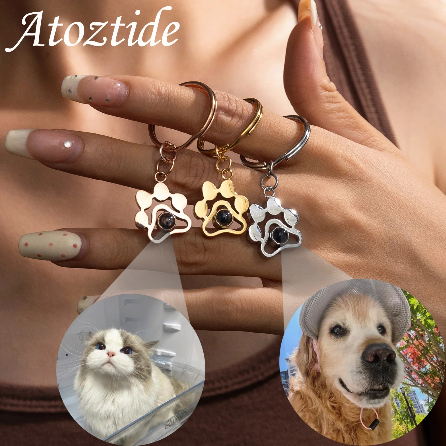 Atoztide Personalised Paw Picture Projection Keychain Stainless Steel Custom Pet Memorial Photo Key Ring for Women Jewelry Gift