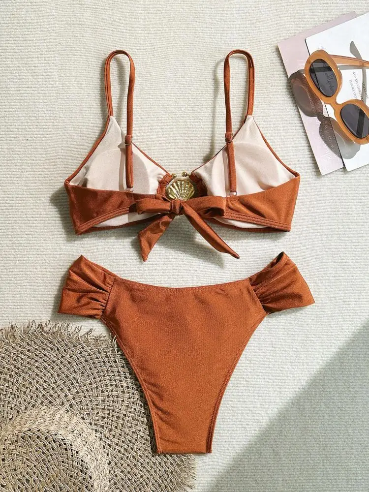 Cikini Sexy Metal Decor High Cut Pleated Spaghetti Strap Bikini Set Solid Color Summer Beach Swimwear Bathing Suit For Women