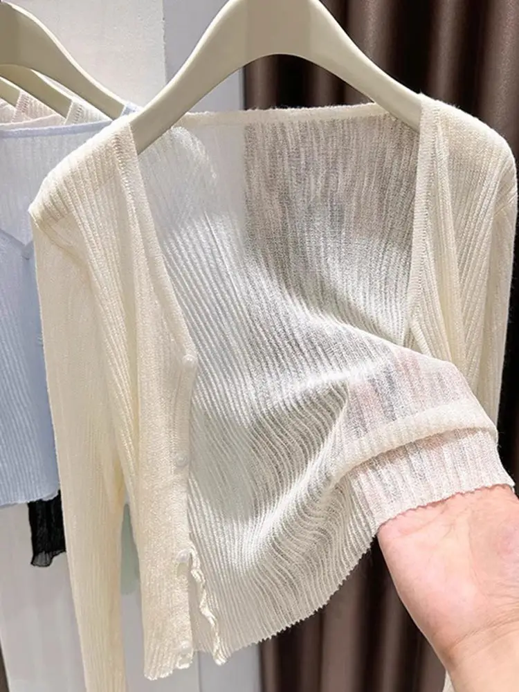 Women's Short Ice Silk Knitted Open Cardigan Hollow out Design Summer Vest Top Korean Style Commute Fashion Regular Fit