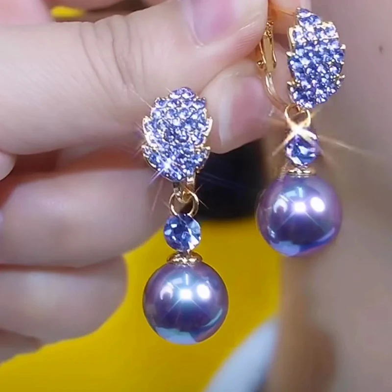 Unique Design Purple Rhinestone Leaf Pearl Pendant Earrings for Women New Elegant Exquisite Temperament Girls Daily Wear Jewelry