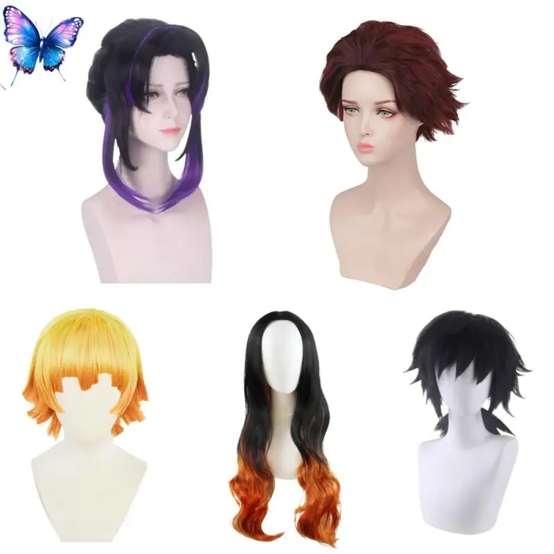 Anime japonês nezuko kamado gradiente preto laranja longo ondulado peruca cosplay shinobu borboleta preto roxo trança role play peruca