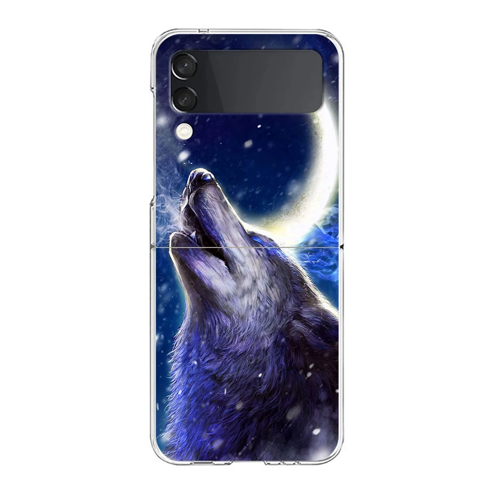 Moon Roaring Wolf Hard PC Phone Case For Samsung Galaxy Z Flip 5 4 3 Transparent Cover For Galaxy Z Flip 6 Foldable Shockproof