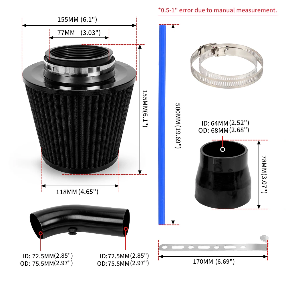 범용 에어 필터 및 냉기 흡입 시스템 터보 유도 파이프 튜브 키트, 고유량 콘 에어 필터 OFI095 포함, 76mm, 3 인치